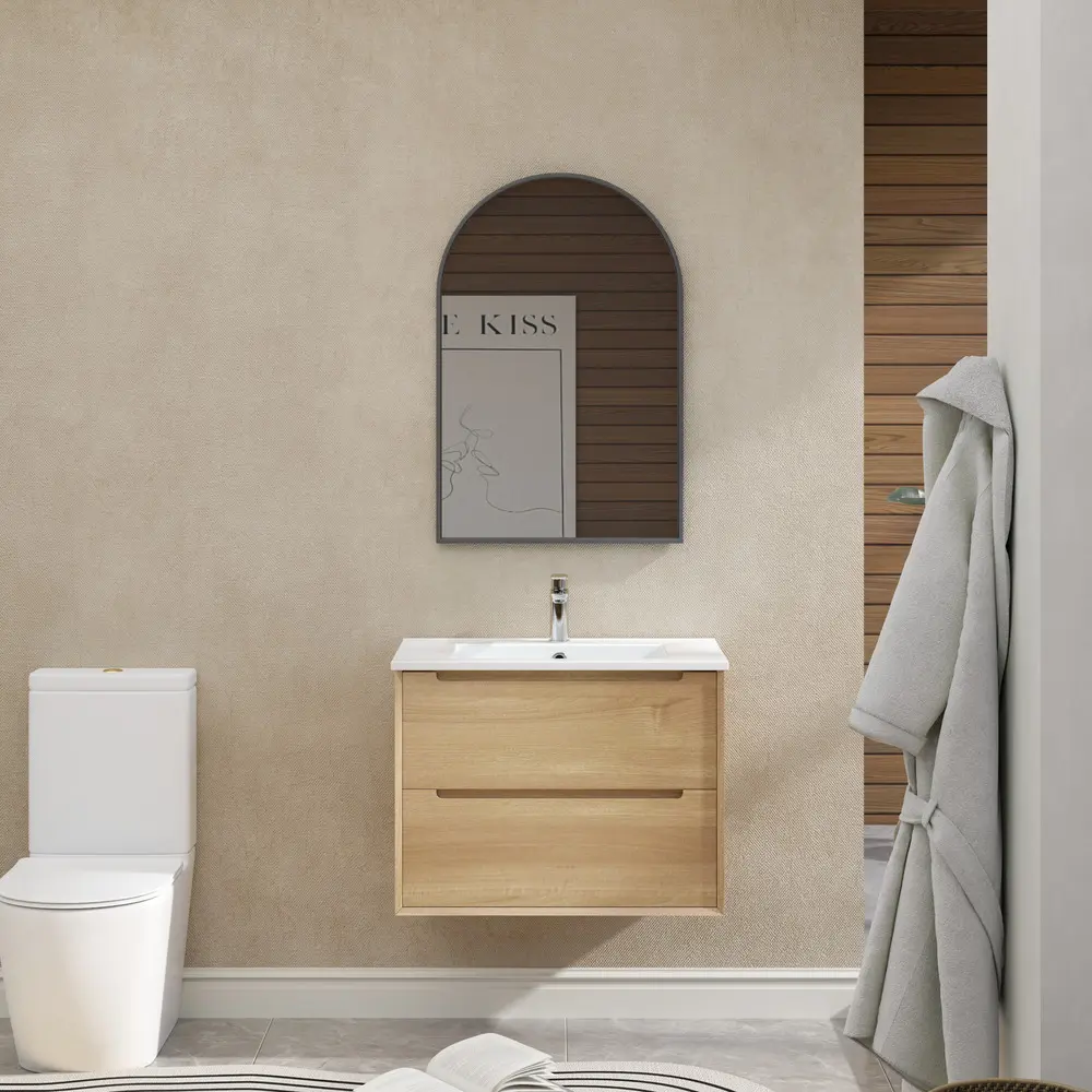 [93405/BE7546W-NO] 750mm Bell Collection Natural Oak Plywood 2 Drawers Wall Hung Bathroom Vanity Cabinet Only