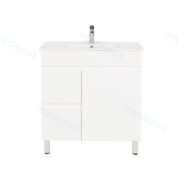 750*450*710mm Freestangding Gloss White PVC Vanity Left Drawer With Ceramic Top