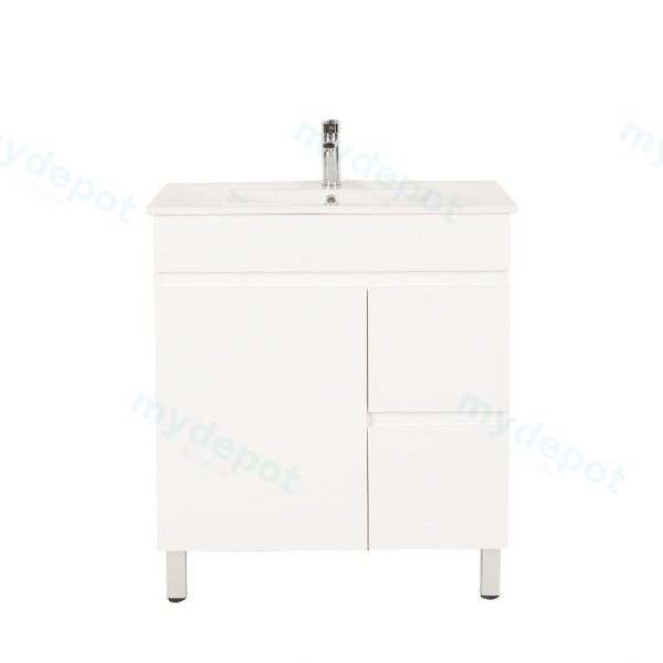 750*450*710mm Freestangding Gloss White PVC Vanity Right Drawer With Ceramic Top