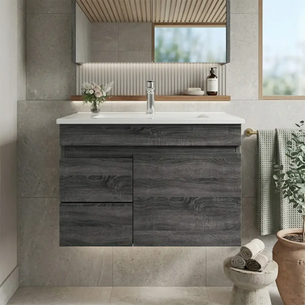 [93158/B73LW-DG] 750mm Slim Dark Grey MDF Wall Hung Bathroom Vanity Cabinet Only Left Drawer PVC Vacuum Filmed