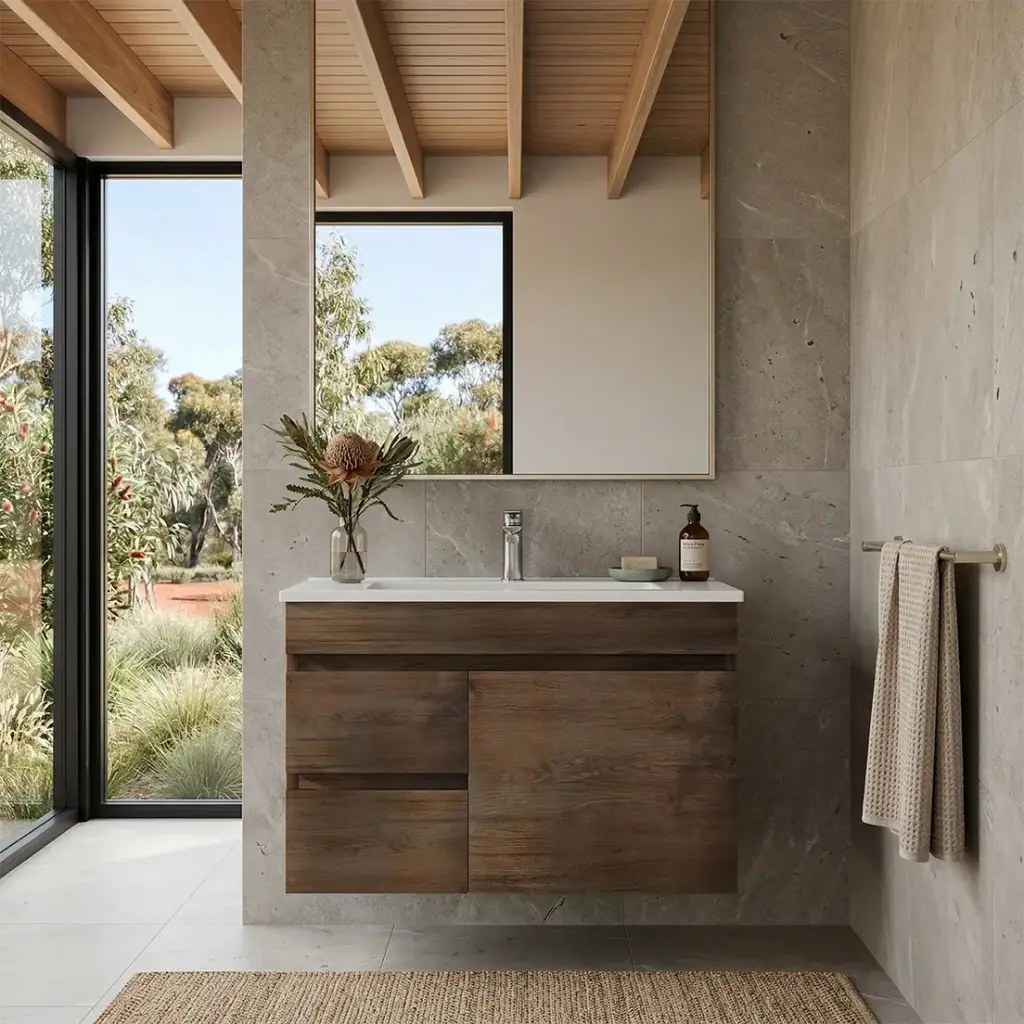 [93159/B73LW-DO] 750mm Slim Dark Oak MDF Wall Hung Bathroom Vanity Cabinet Only Left Drawer PVC Vacuum Filmed