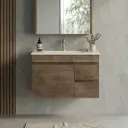 750mm Slim Dark Oak MDF Wall Hung Bathroom Vanity Cabinet Only RightDrawer PVC Vacuum Filmed