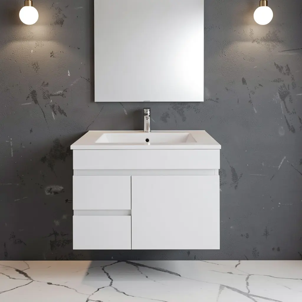 [91074/M73WL] 750mm Narrow Gloss White MDF 2 Left Drawers 1Right Door Wall Hung Bathroom Vanity Cabinet Only