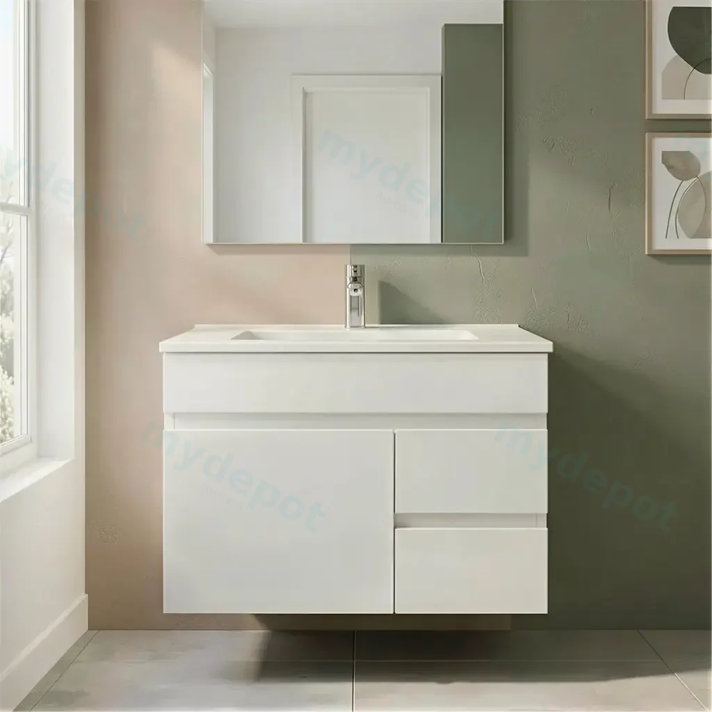 750mm Narrow Gloss White  MDF 2 Right Drawers 1 Left Door Wall Hung Bathroom Vanity Cabinet Only