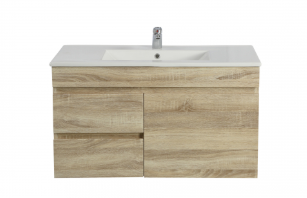 [93157/B73LW-WO] 750mm Slim White Oak MDF Wall Hung Bathroom Vanity Cabinet Left Drawer PVC Vacuum Filmed