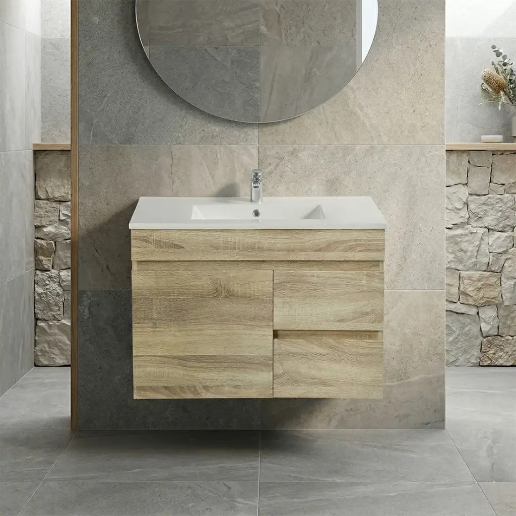 [93153/B73RW-WO] 750mm Slim White Oak MDF Wall Hung Bathroom Vanity Cabinet Only RightDrawer PVC Vacuum Filmed