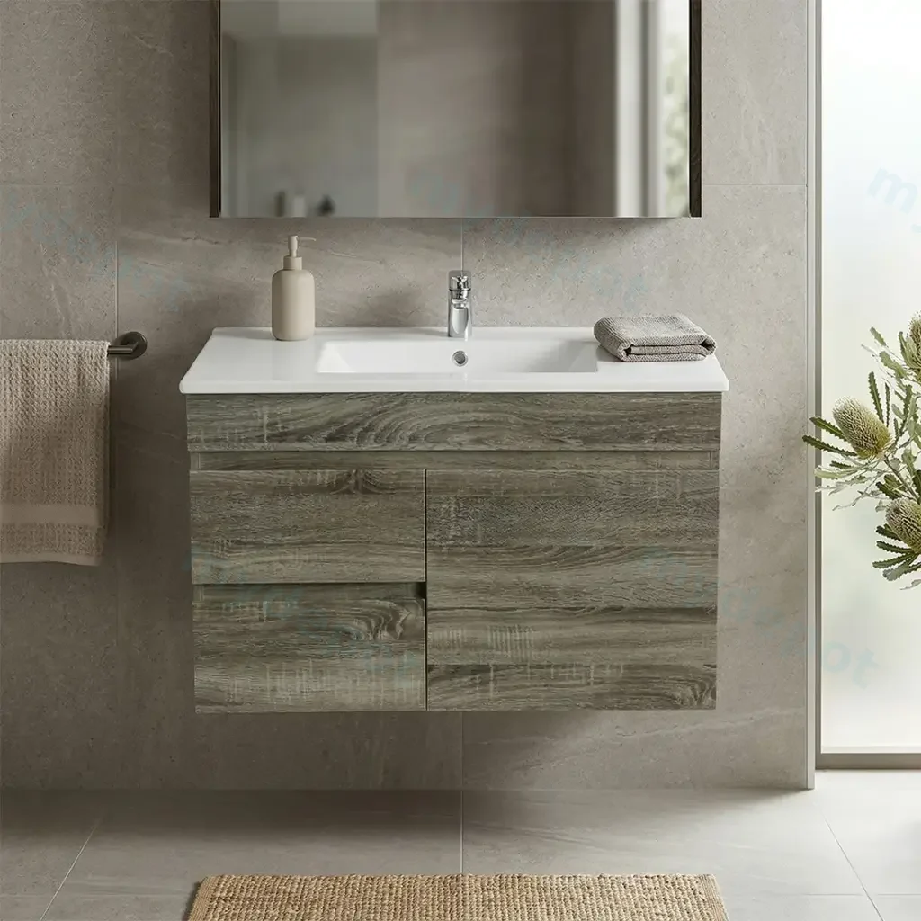 750mm Dark Grey MDF Wall Hung Bathroom Vanity Cabinet Only Left Drawer PVC Vacuum Filmed
