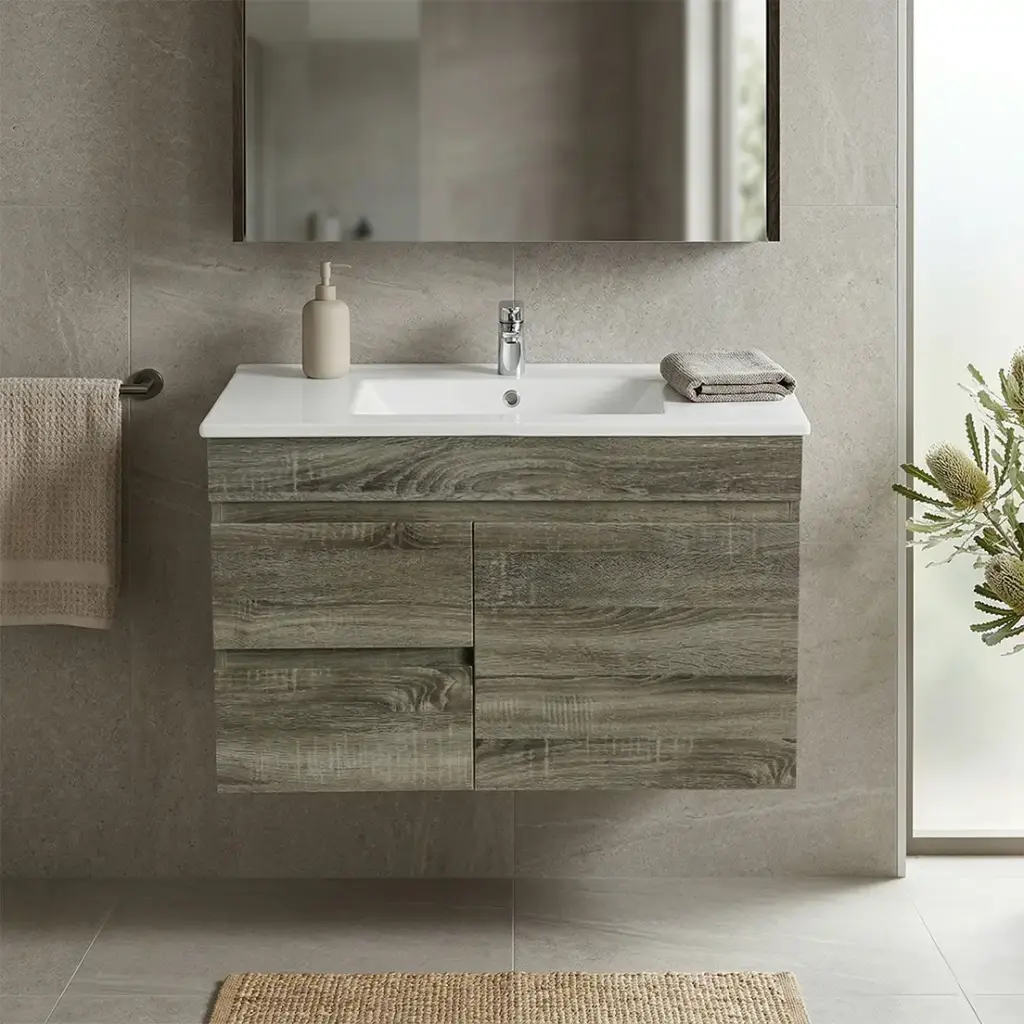 [93150/B74LW-DG] 750mm Dark Grey MDF Wall Hung Bathroom Vanity Cabinet Only Left Drawer PVC Vacuum Filmed