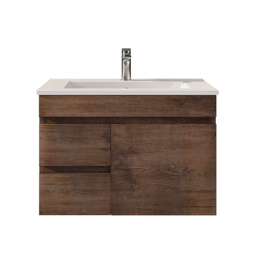 750mm Dark Oak MDF Wall Hung Bathroom Vanity Cabinet Only Left Drawer PVC Vacuum Filmed