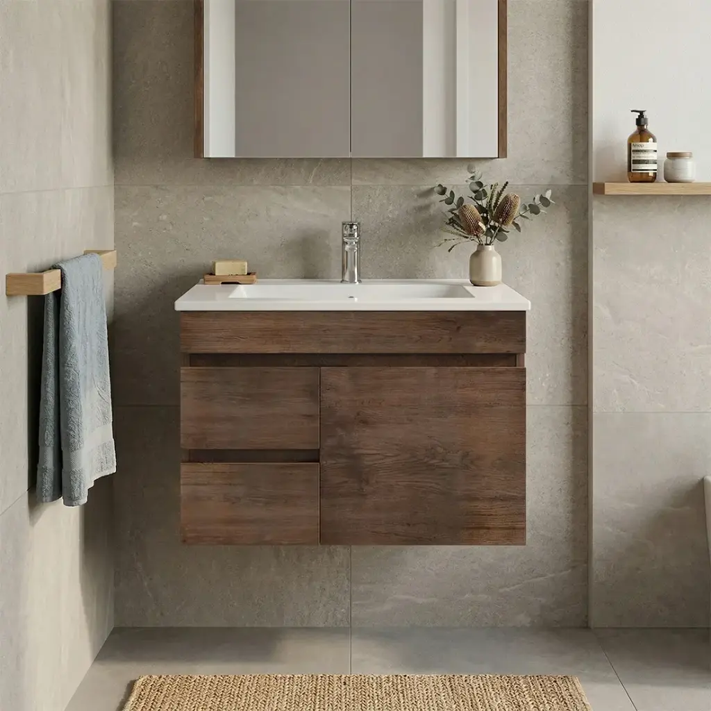 [93151/B74LW-DO] 750mm Dark Oak MDF Wall Hung Bathroom Vanity Cabinet Only Left Drawer PVC Vacuum Filmed