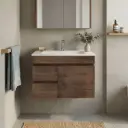 750mm Dark Oak MDF Wall Hung Bathroom Vanity Cabinet Only Left Drawer PVC Vacuum Filmed