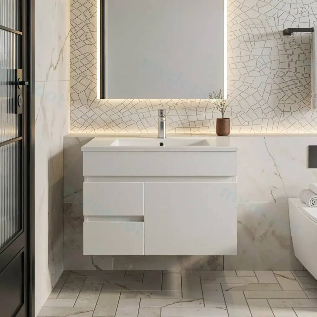 750mm Gloss White MDF 2 Left Drawers 1Right Door Wall Hung Bathroom Vanity Cabinet Only