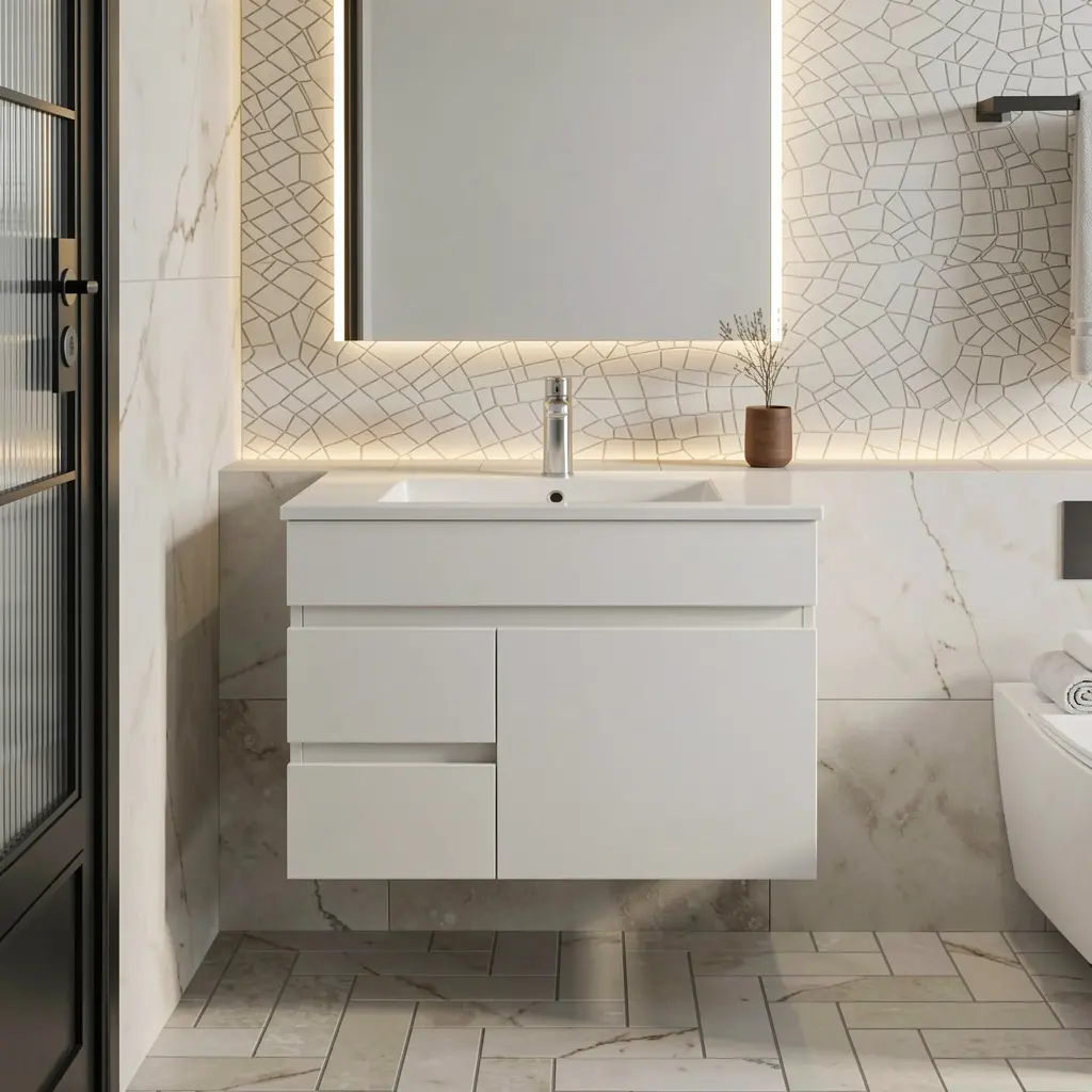 [91013/M74WL] 750mm Gloss White MDF 2 Left Drawers 1Right Door Wall Hung Bathroom Vanity Cabinet Only