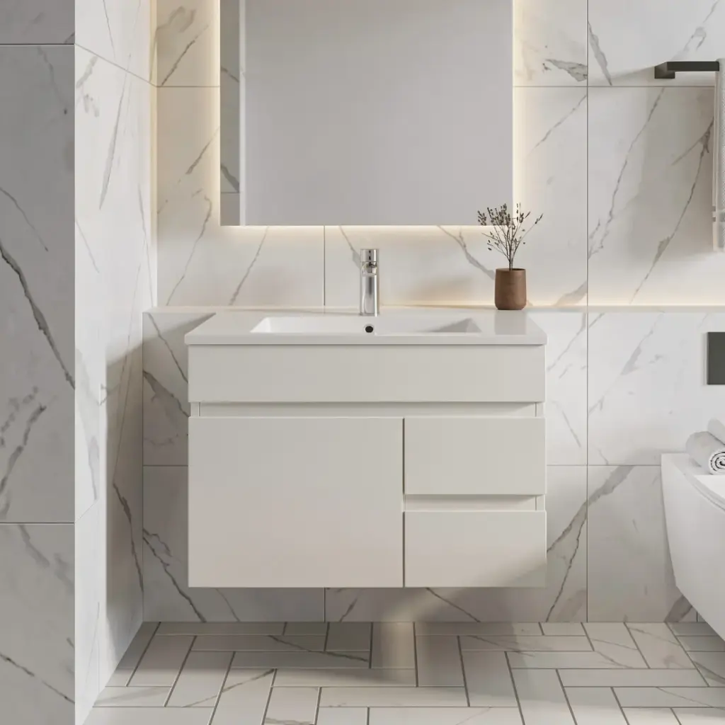 [91014/M74WR] 750mm Gloss White MDF 2Right Drawers 1 Left Door  Wall Hung Bathroom Vanity Cabinet Only