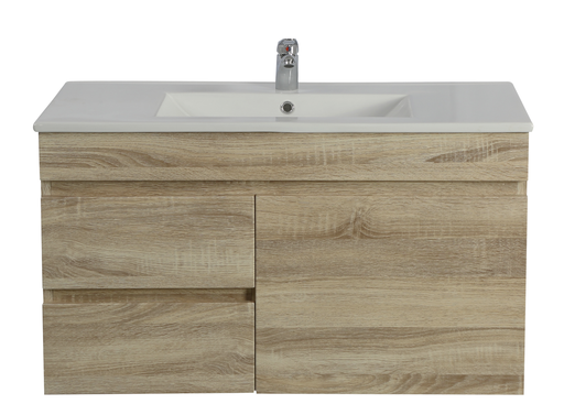 750mm White Oak MDF Wall Hung Bathroom Vanity Cabinet Only Left Drawer PVC Vacuum Filmed