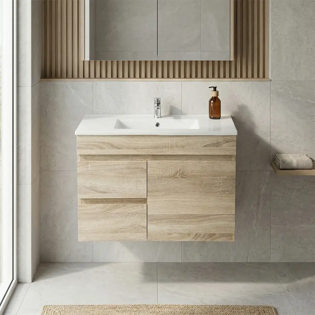 [93149/B74LW-WO] 750mm White Oak MDF Wall Hung Bathroom Vanity Cabinet Only Left Drawer PVC Vacuum Filmed