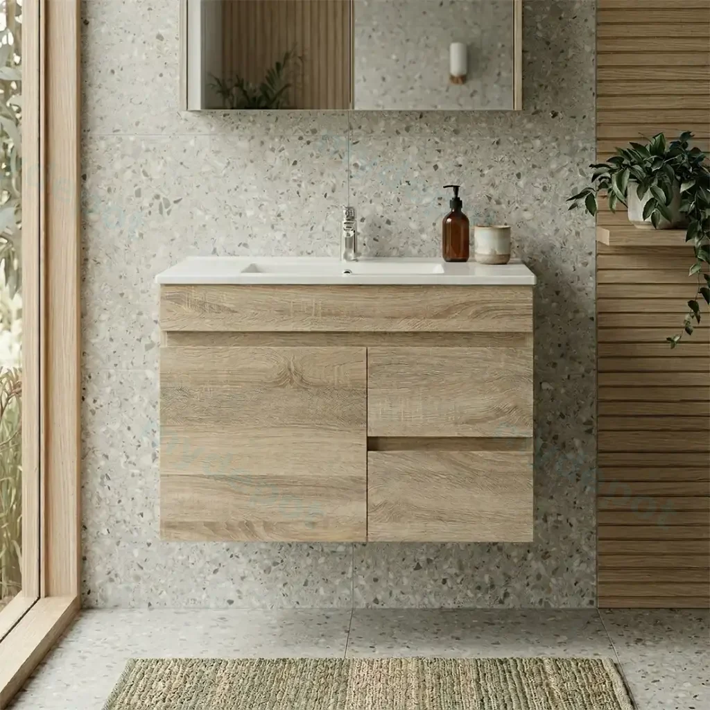 750mm White Oak MDF Wall Hung Bathroom Vanity Cabinet Only Right Drawer PVC Vacuum Filmed