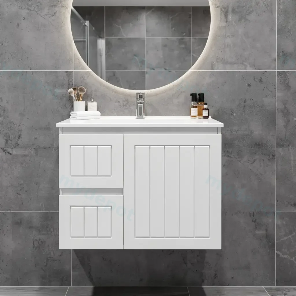 750mm Amber Matte White MDF 2 Left Drawers 1 Right Door Wall Hung Bathroom Vanity Cabinet Only