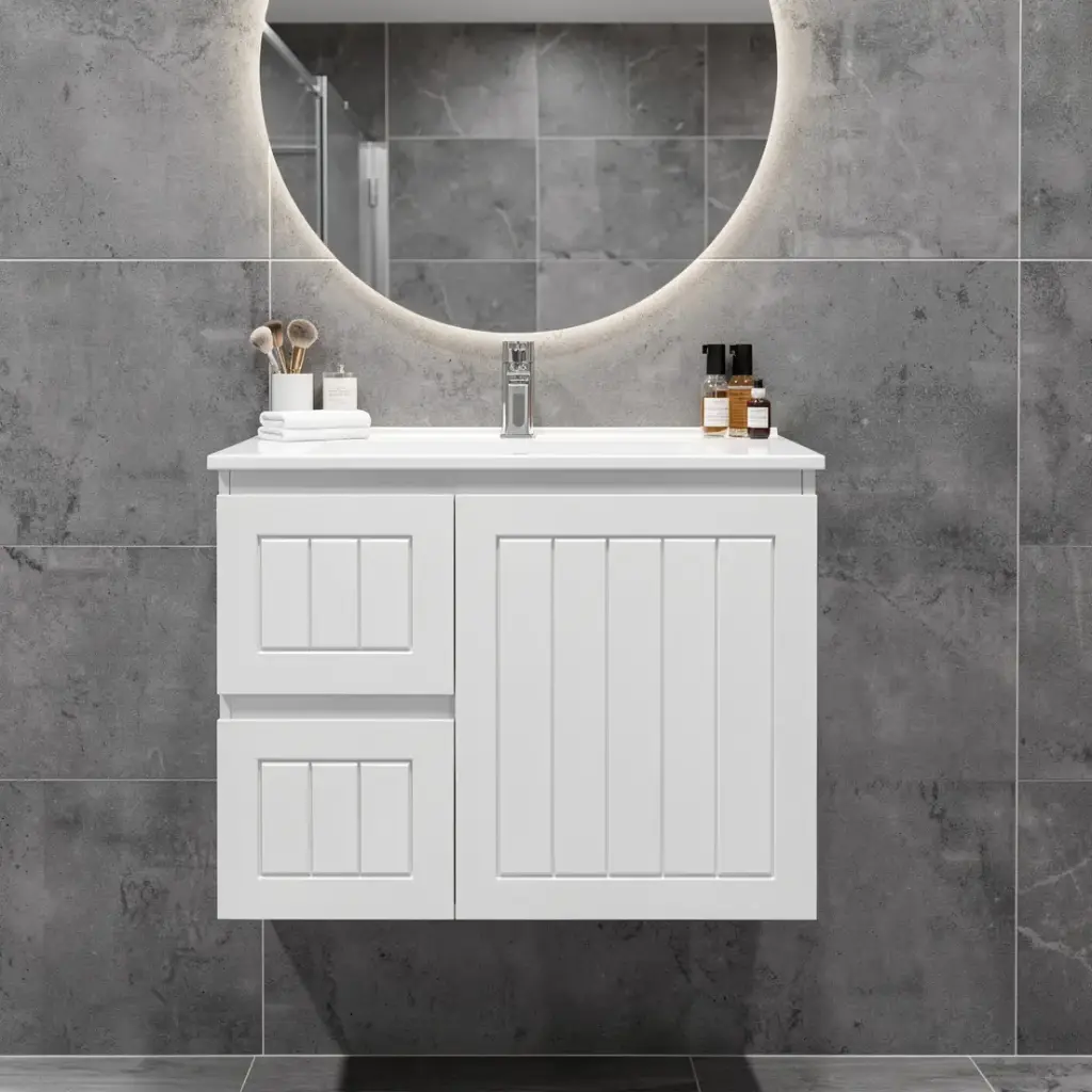 [91086/AM74WL-MW] 750mm Amber Matte White MDF 2 Left Drawers 1 Right Door Wall Hung Bathroom Vanity Cabinet Only