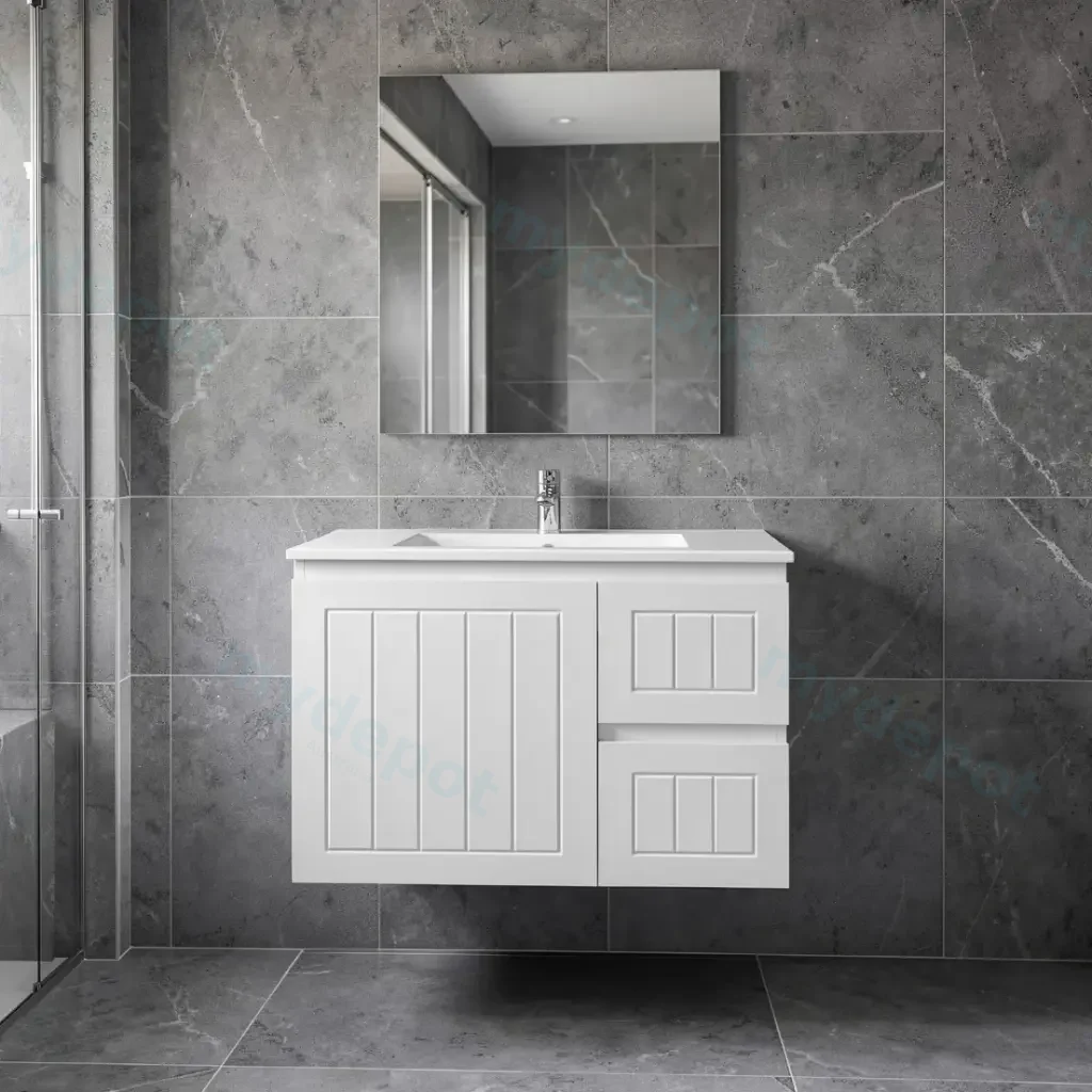 750mm Amber Matte White MDF 2 Right Drawers 1 Left Door Wall Hung Bathroom Vanity Cabinet Only