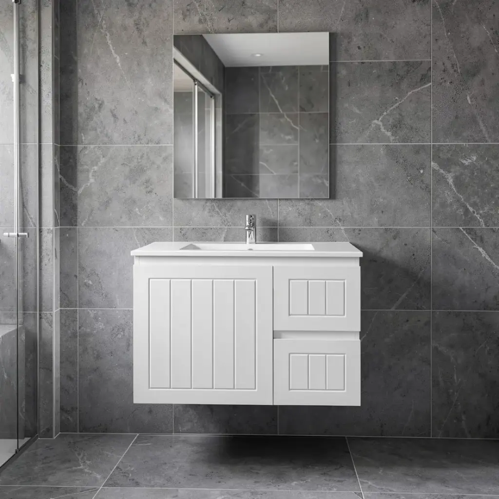 [91087/AM74WR-MW] 750mm Amber Matte White MDF 2 Right Drawers 1 Left Door Wall Hung Bathroom Vanity Cabinet Only