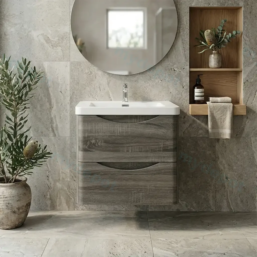 750mm Dark Grey MDF Board with PVC Vacuum Filmed Two Drawers Curved Wall Hung Vanity Cabinet Only