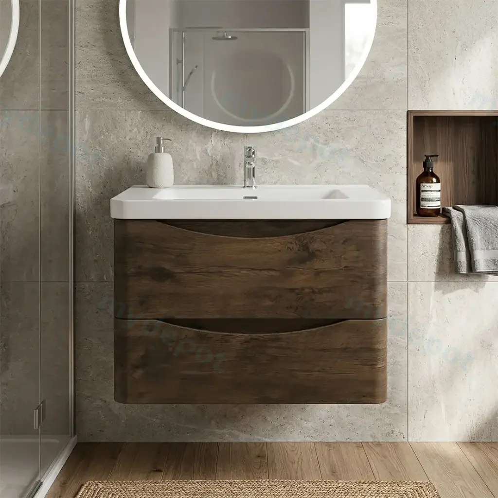 750mm Dark Oak MDF Board with PVC Vacuum Filmed Two Drawers Curved Wall Hung Vanity Cabinet Only