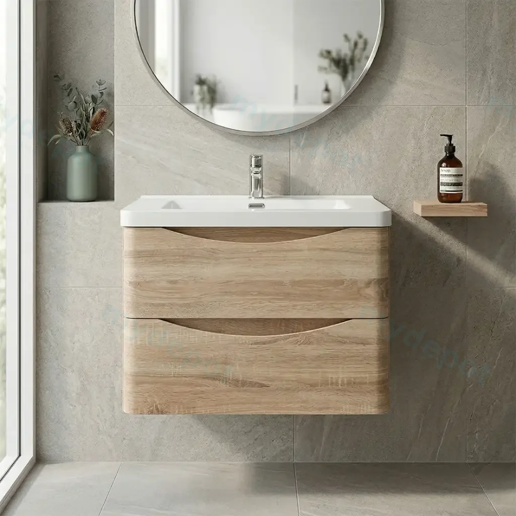 750mm White Oak MDF Board with PVC Vacuum Filmed Two Drawers Curved Wall Hung Vanity Cabinet Only