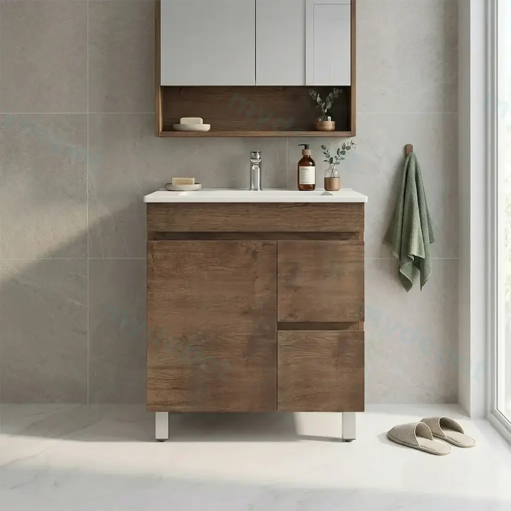 750mm Slim Dark Grey MDF Freestanding Bathroom Vanity Cabinet Only Left Drawer PVC Vacuum Filmed