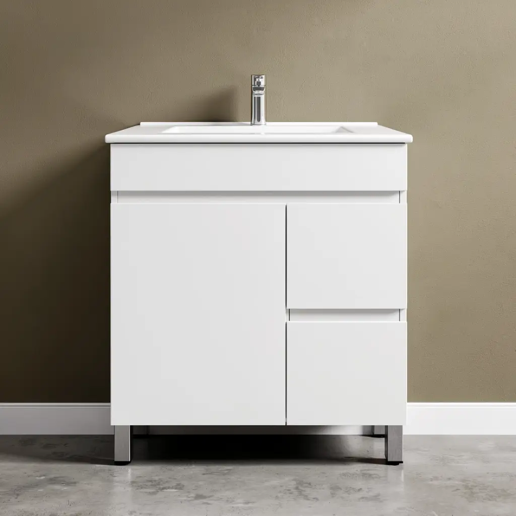 [91007/M73LR] 750mm Narrow Gloss White  MDF 2Right Drawers 1 Left Door Freestanding Bathroom Vanity Cabinet Only