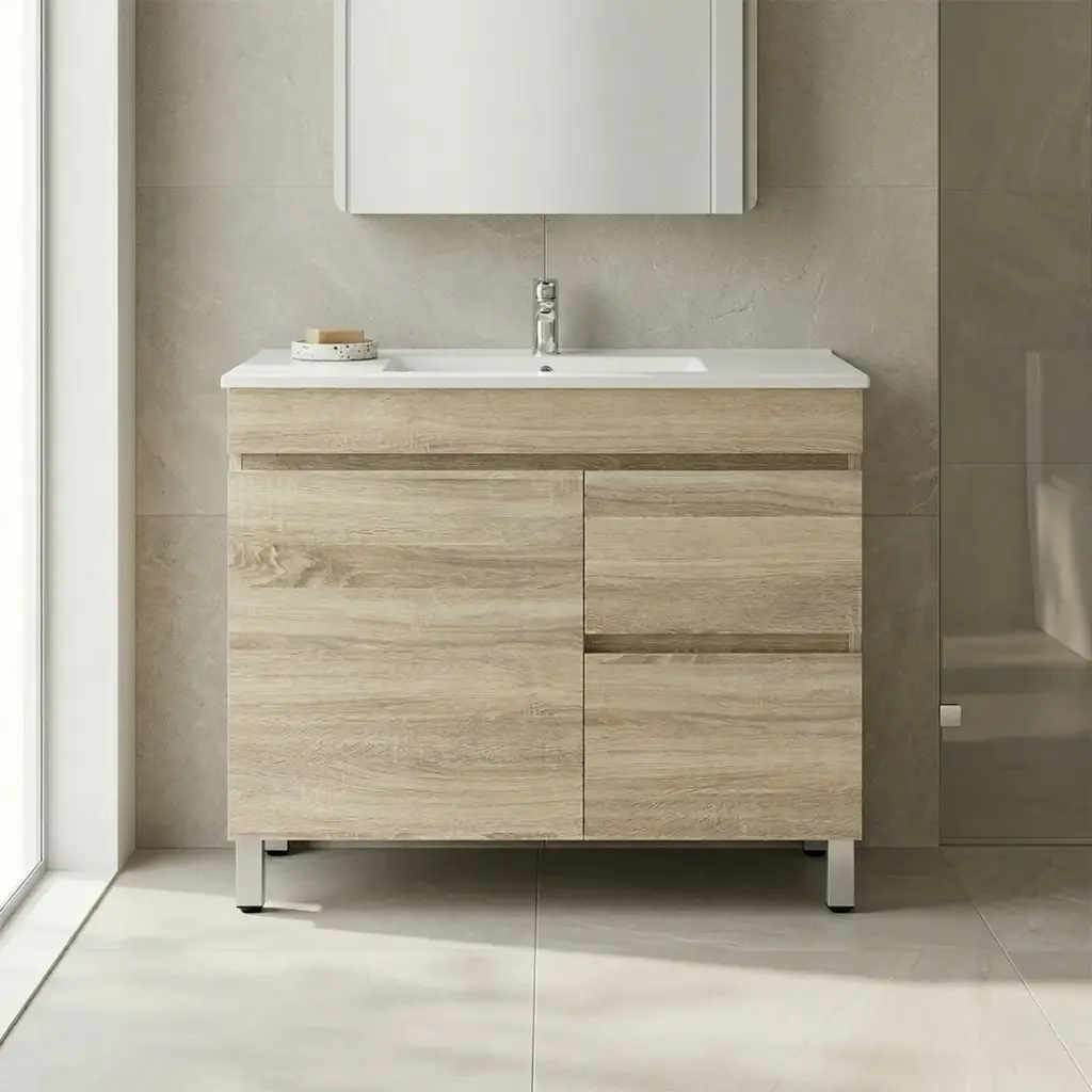 [93113/B73RL-WO] 750mm Slim White Oak MDF Freestanding Bathroom Vanity Cabinet Only RightDrawer PVC Vacuum Filmed