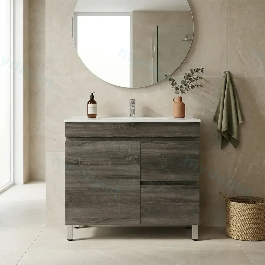 750mm Dark Grey MDF Freestanding Bathroom Vanity Cabinet Only Right Drawer PVC Vacuum Filmed