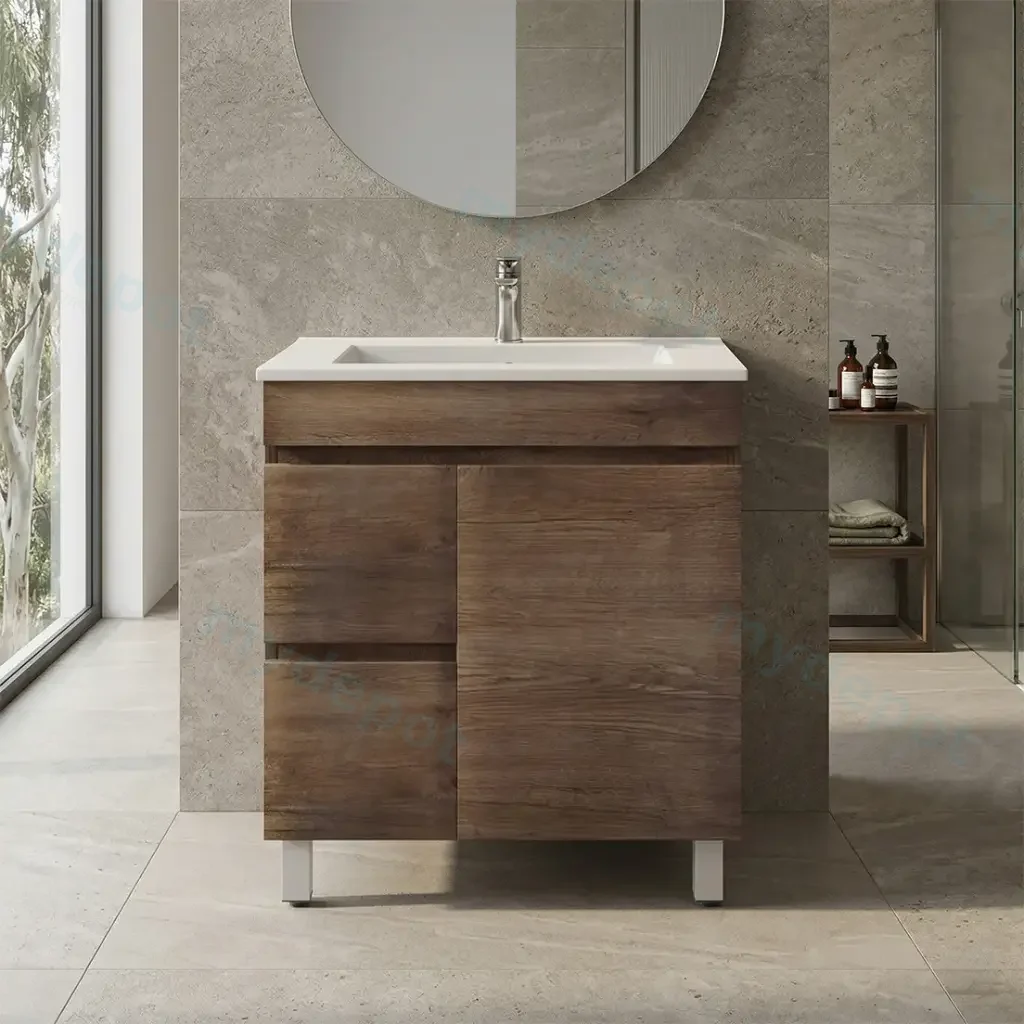 750mm Darl Oak MDF Freestanding Bathroom Vanity Cabinet Only Left Drawer PVC Vacuum Filmed