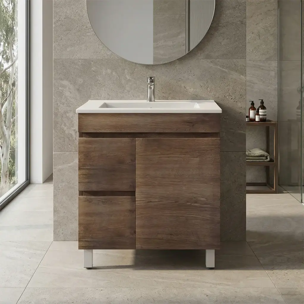 [93111/B74LL-DO] 750mm Darl Oak MDF Freestanding Bathroom Vanity Cabinet Only Left Drawer PVC Vacuum Filmed