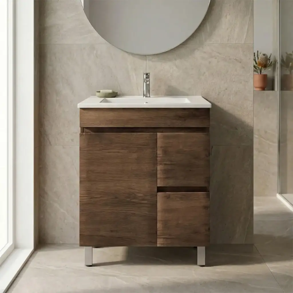 [93107/B74RL-DO] 750mm Darl Oak MDF Freestanding Bathroom Vanity Cabinet Only Right Drawer PVC Vacuum Filmed
