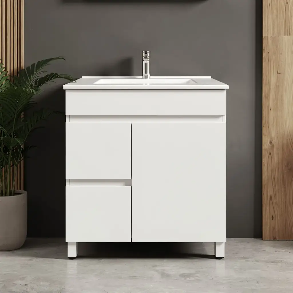 [91010/M74LL] 750mm Gloss White MDF 2 Left Drawers 1 Right Door Freestanding Bathroom Vanity Cabinet Only