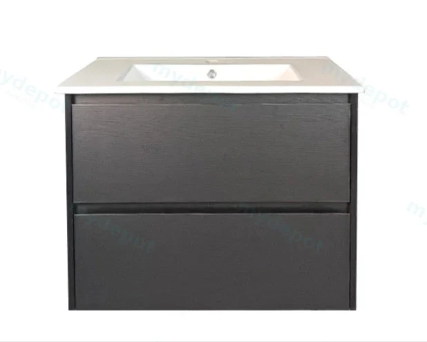 [50760] 750x460x560mm Hera Black Oak Wall Hung MDF Vanity With Carrara White Stone Top Two Soft Closing Drawers