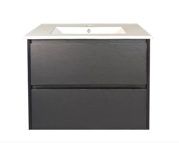 [50760] 750x460x560mm Hera Black Oak Wall Hung MDF Vanity With Carrara White Stone Top Two Soft Closing Drawers