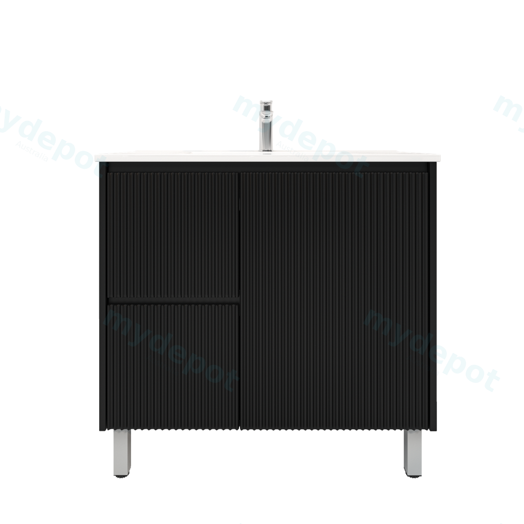 900mm Brio Freestanding Bathroom Vanity Cabinet Only PVC Left Drawer Fluted Matte Black