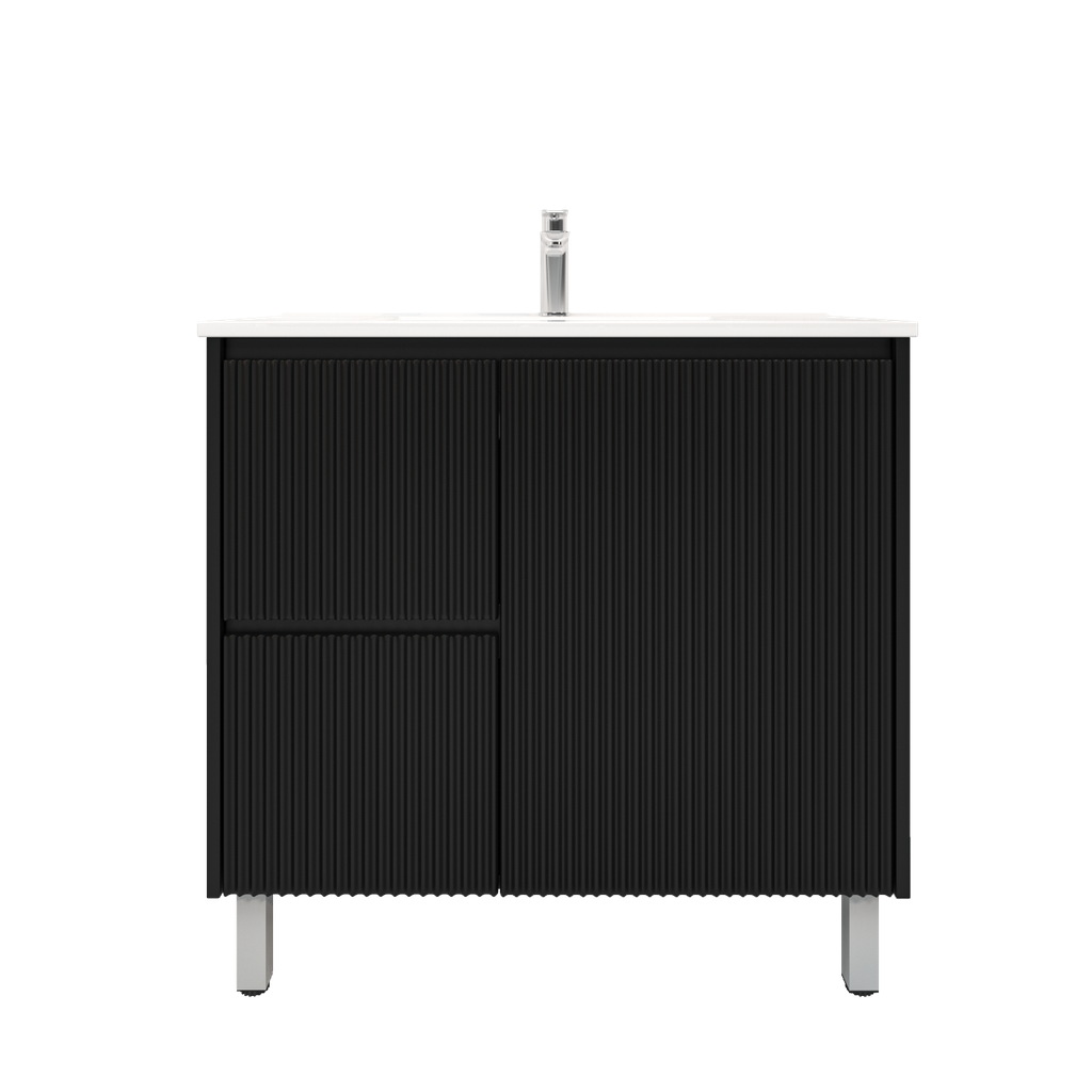 [92094/PVCKB94LL-MB] 900mm Brio Freestanding Bathroom Vanity Cabinet Only PVC Left Drawer Fluted Matte Black