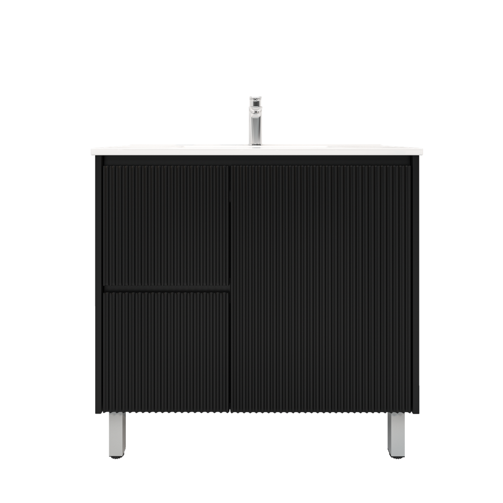 [92094/PVCKB94LL-MB] 900mm Brio Freestanding Bathroom Vanity Cabinet with Legs PVC Left Drawer Fluted Matte Black