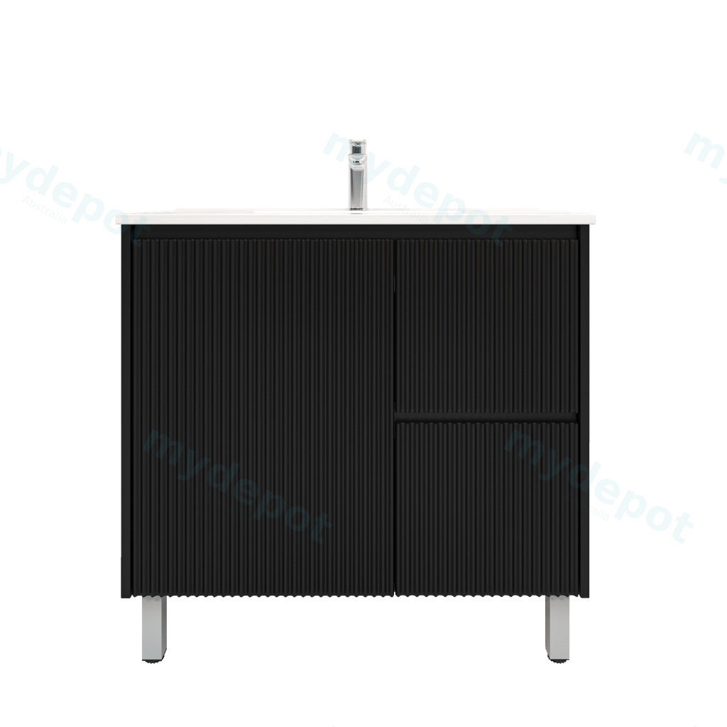 900mm Brio Freestanding Bathroom Vanity Cabinet Only PVC Right Drawer Fluted Matte Black