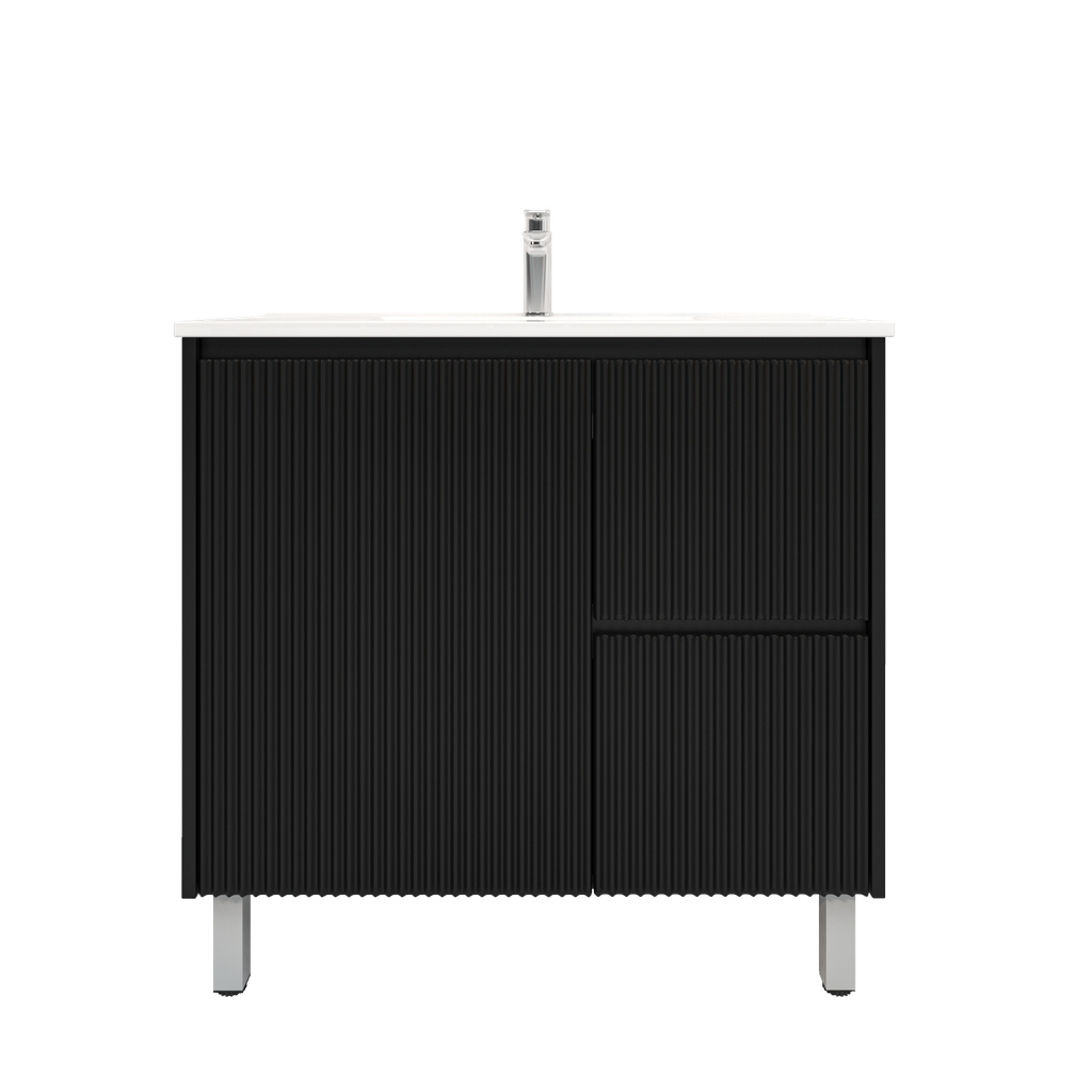 [92095/PVCKB94LR-MB] 900mm Brio Freestanding Bathroom Vanity Cabinet Only PVC Right Drawer Fluted Matte Black