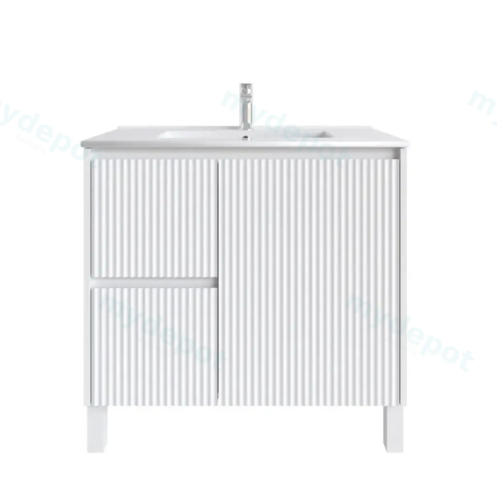 900mm Freestanding Bathroom Vanity Cabinet Only PVC Left Drawer Fluted Matte White
