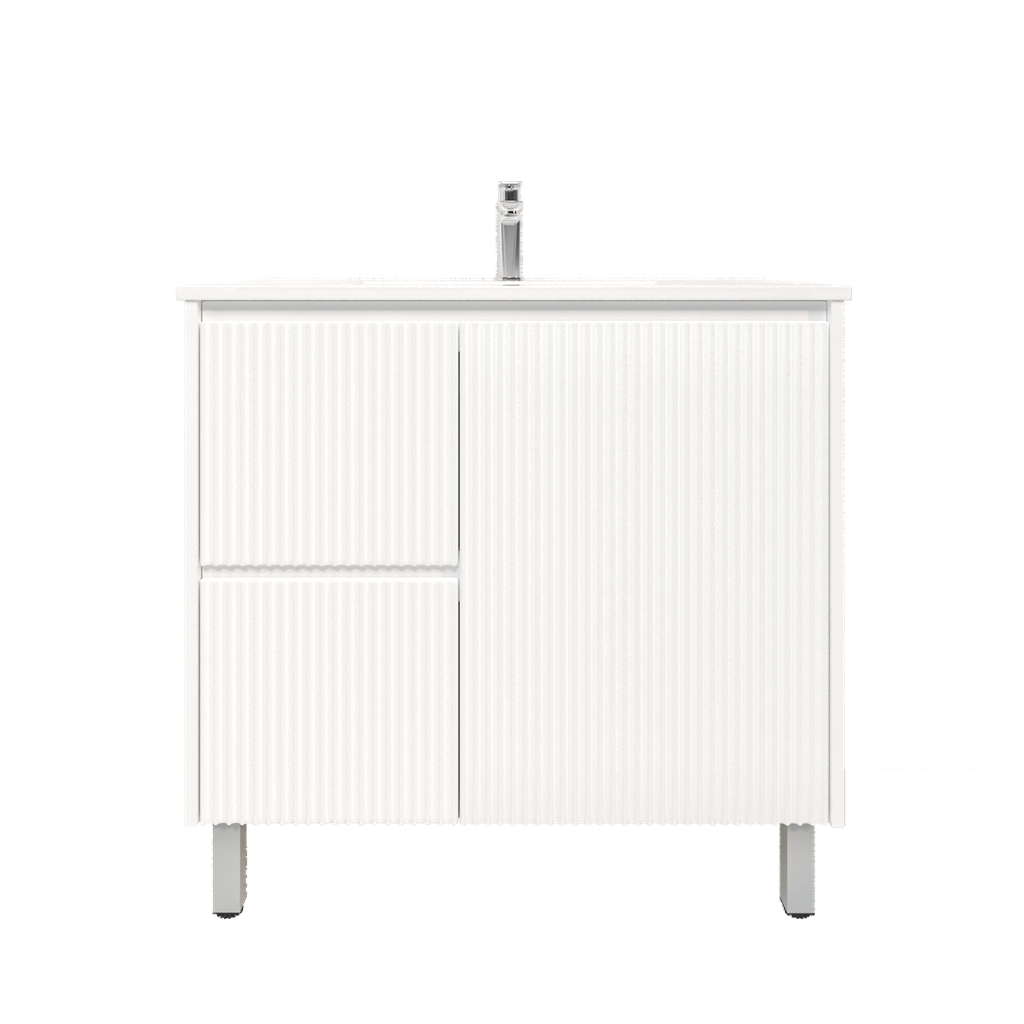 900mm Brio Freestanding Bathroom Vanity Cabinet Only PVC Left Drawer Fluted Matte White