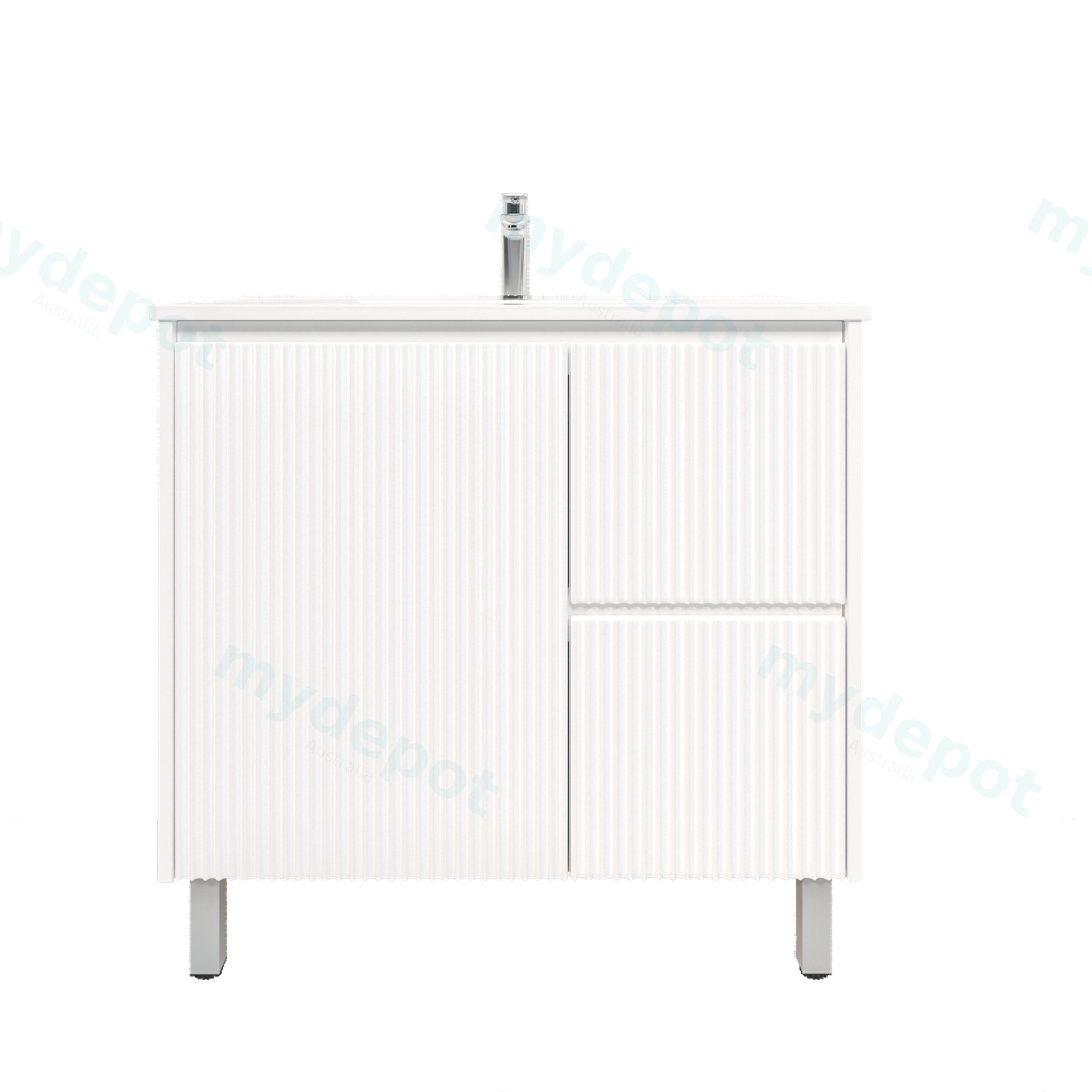 [92088/PVCKB94LR-MW] 900mm Brio Freestanding Bathroom Vanity Cabinet Only PVC Right Drawer Fluted Matte White