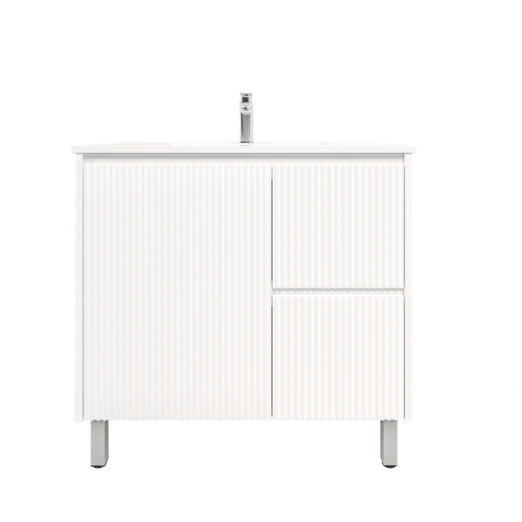 900mm Brio Freestanding Bathroom Vanity Cabinet Only PVC Right Drawer Fluted Matte White