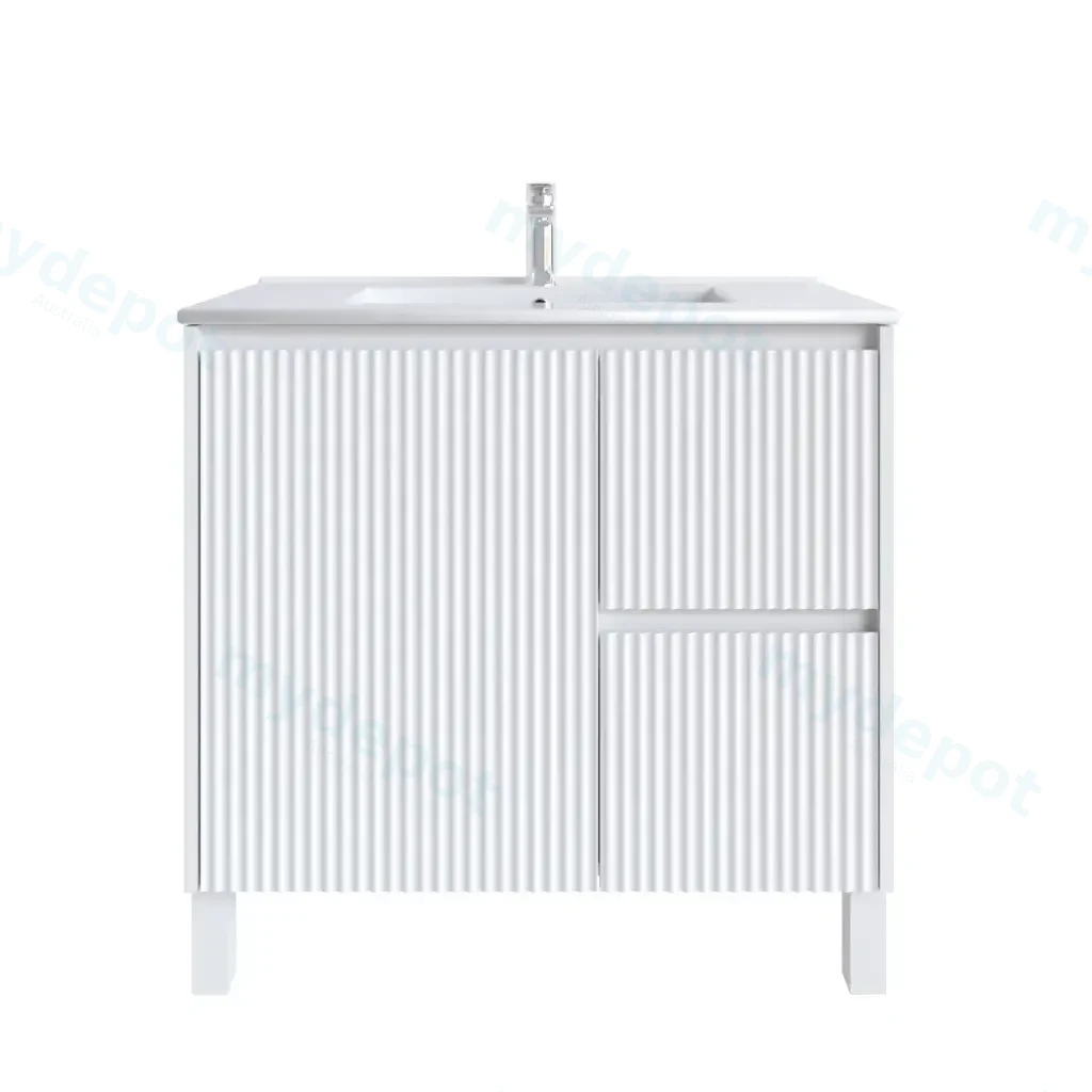 900mm Freestanding Bathroom Vanity Cabinet Only PVC Right Drawer Fluted Matte White