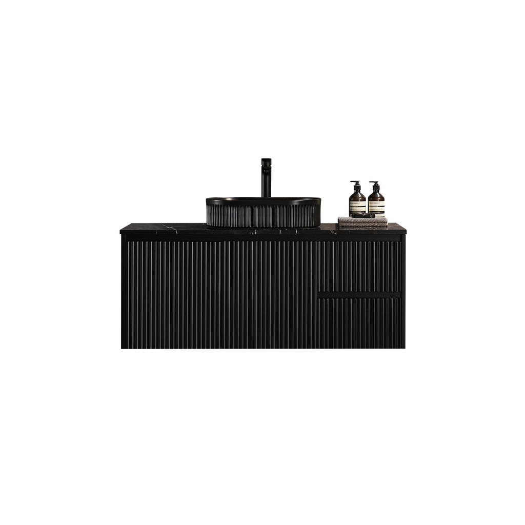 [56612] 890X455X480mm Matte Black Crete Modern Fluted Wall Hung Vanity PVC Cabinet,Right Hand Drawers