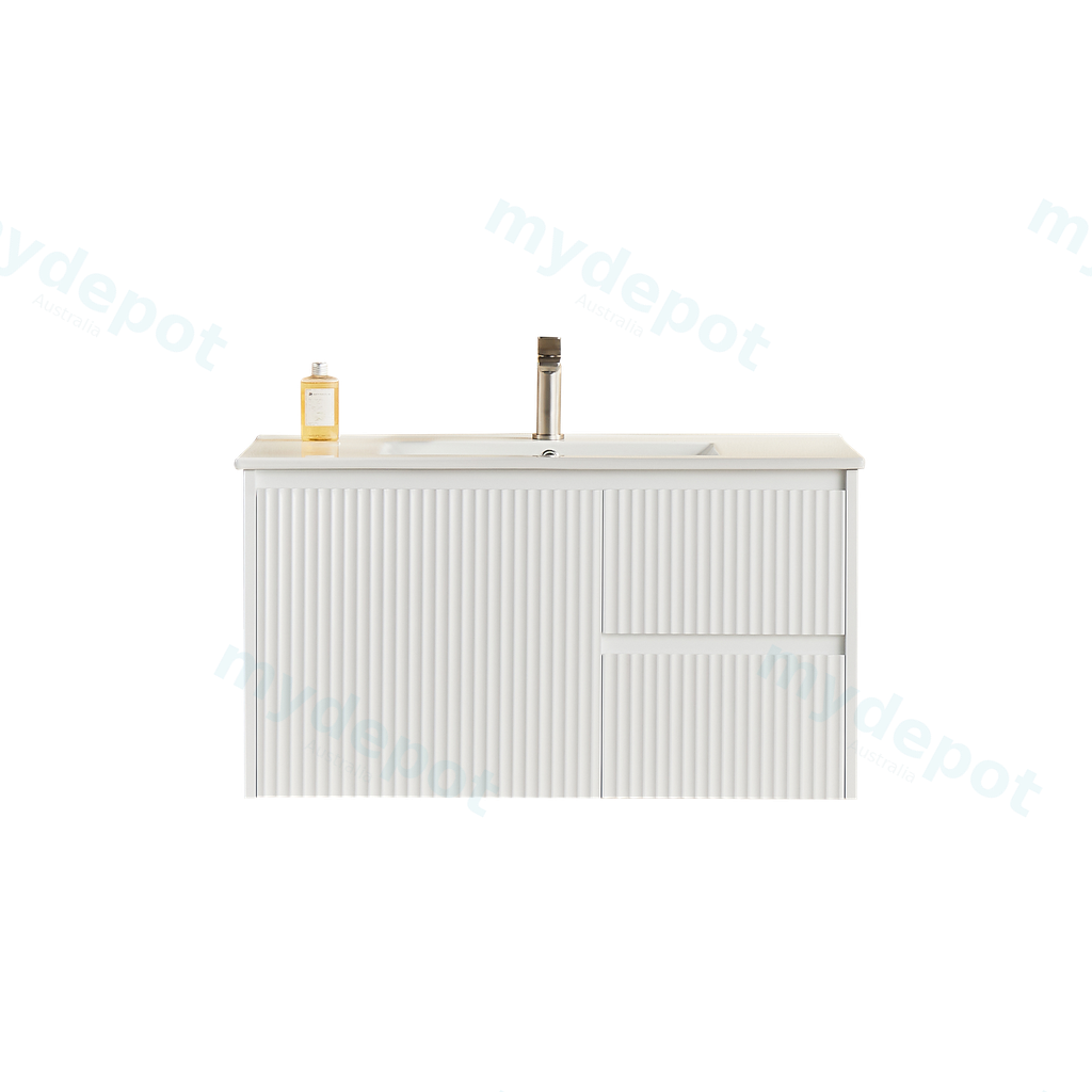 890X455X480mm Matte White Crete Modern Fluted Wall Hung Vanity PVC Cabinet,Right Hand Drawers